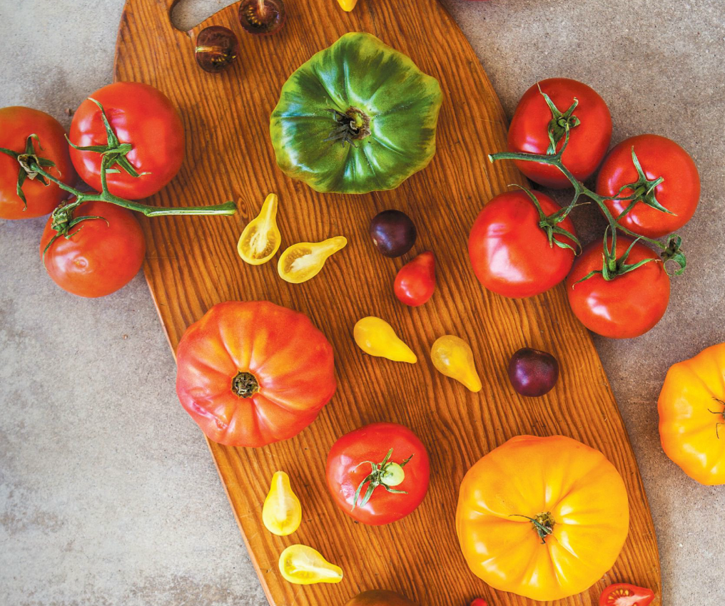 Heirloom tomatoes on cutting board