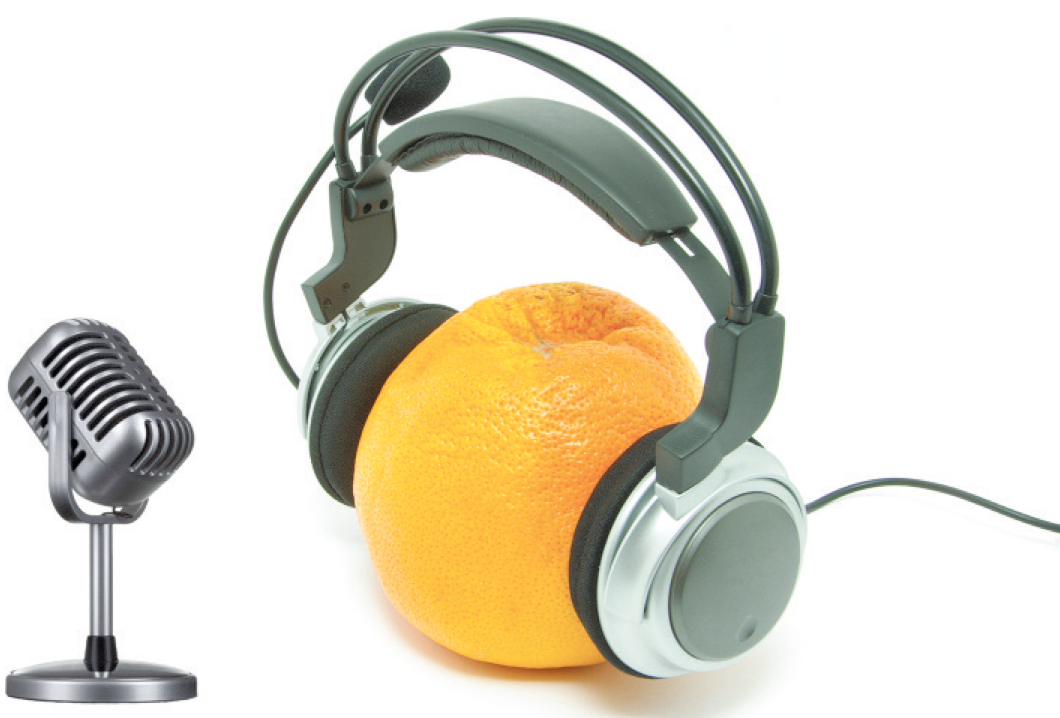 orange, the fruit, listening to headphones, microphone