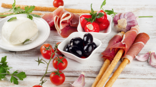 antipasti, olives, ham, breadsticks