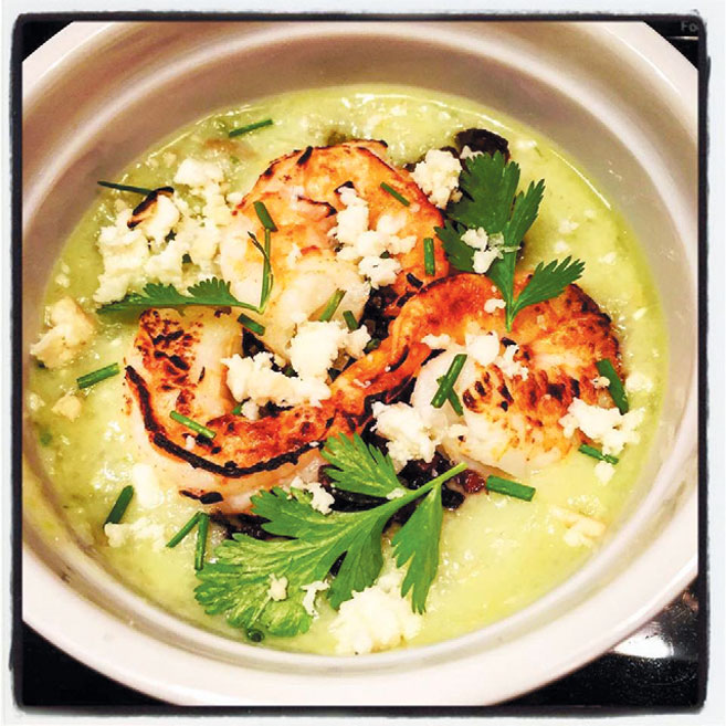 Shrimp over avocado grits