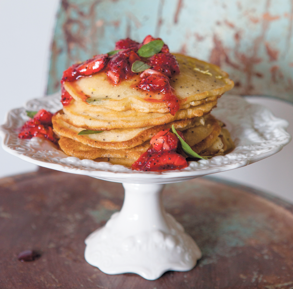 Basil Poppy Seed Flapjacks with Warm Strawberry Basil Compote