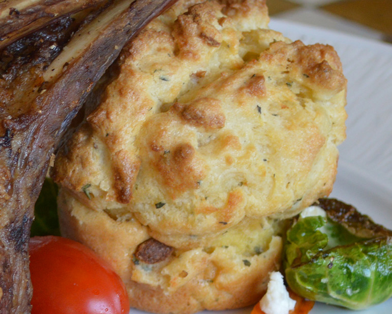 Puffy goat cheese bread pudding.